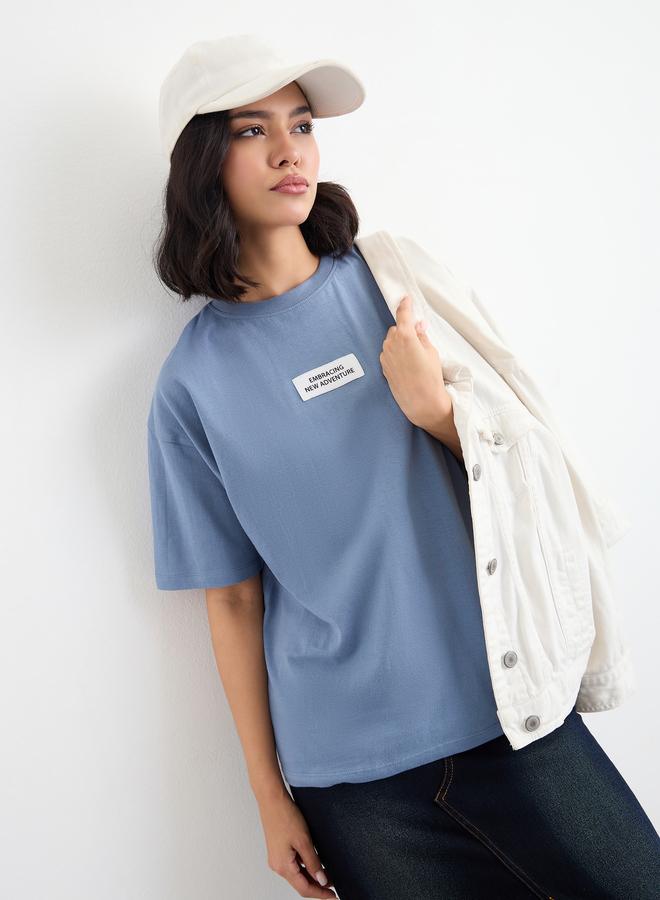 Styli Blue Oversized T-Shirt with Badge Detail - Image 1